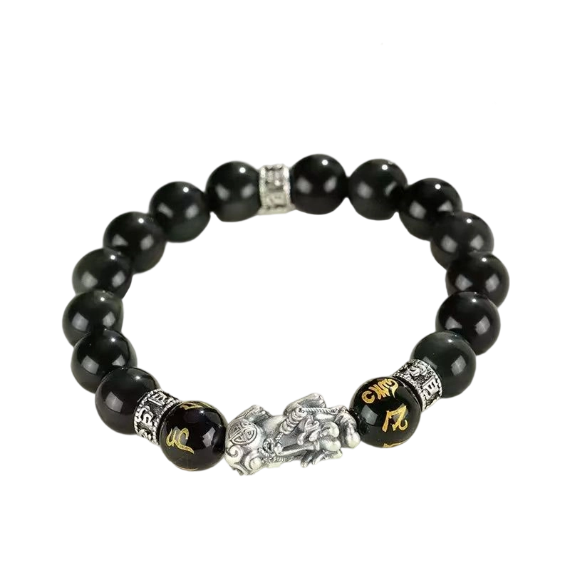Black Obsidian & Silver Pi Xiu Wealth Guardian Bracelet