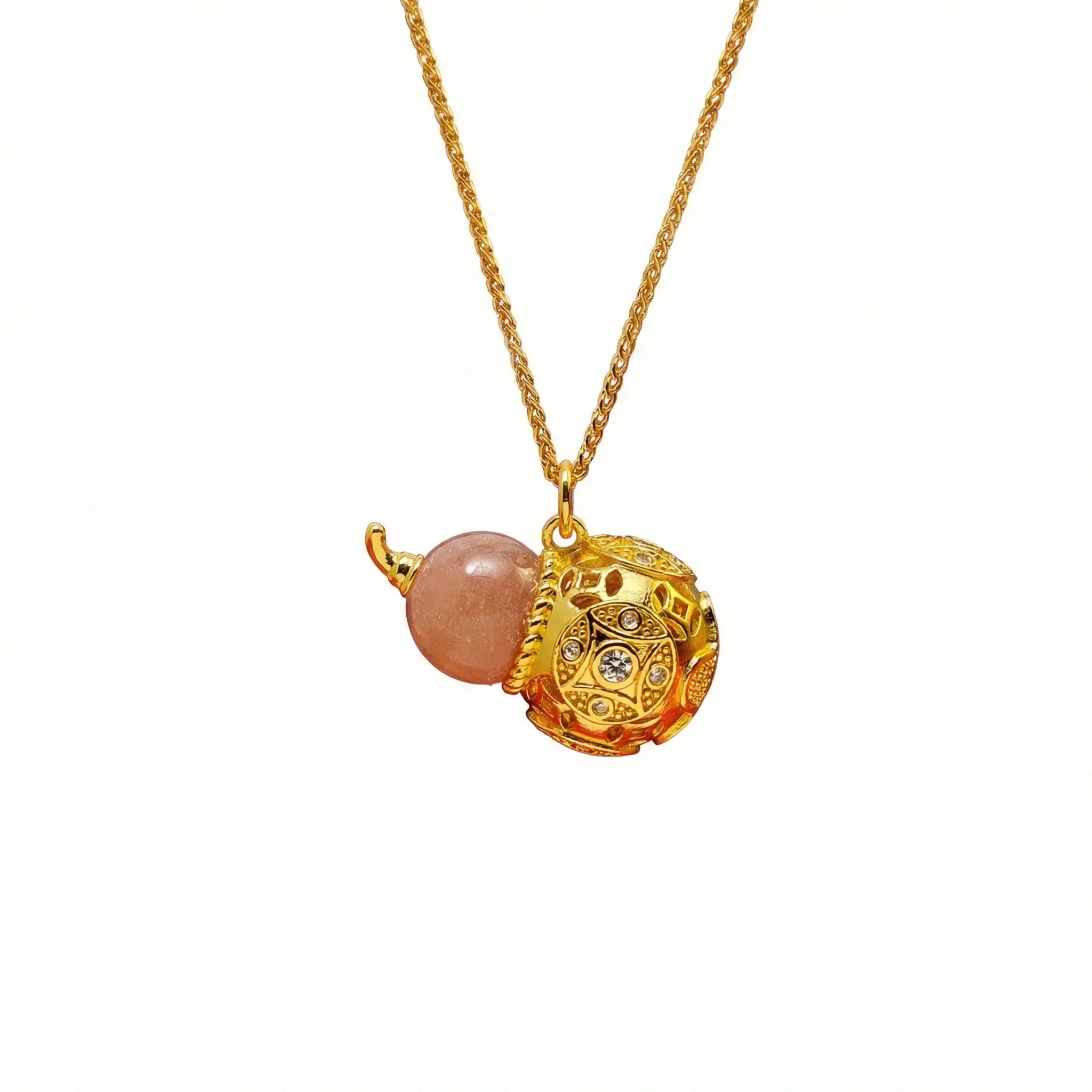 Celestial Harmony Series - Fire (Strawberry Quartz Gourd) | Prosperity & Luck Golden Cicada Energy Pendant Necklace - TRIYUN