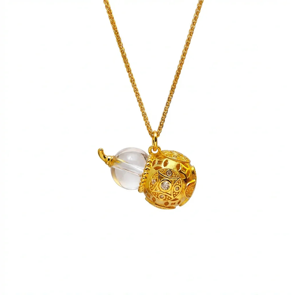 Celestial Harmony Series - Metal (Clear Quartz Gourd) | Prosperity & Luck Golden Cicada Energy Pendant Necklace - TRIYUN