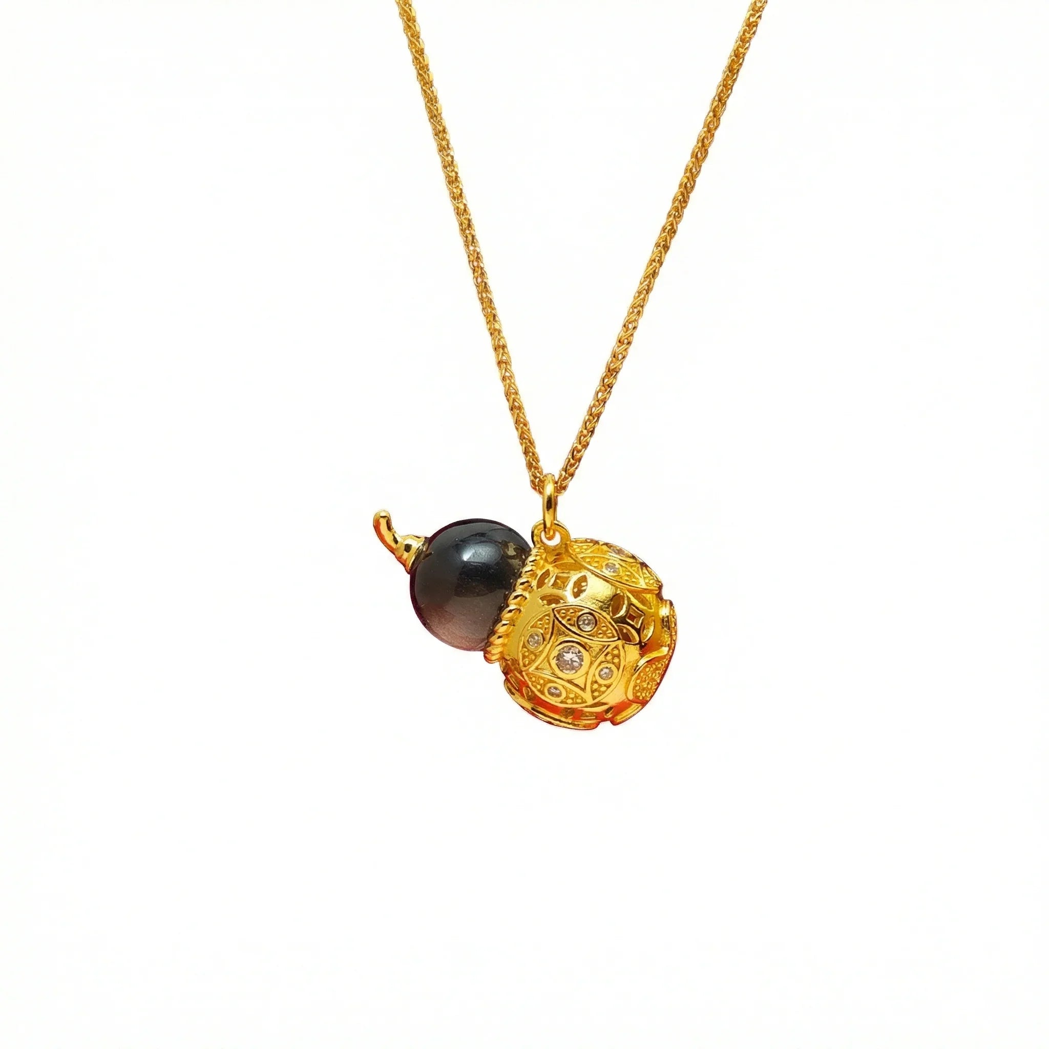 Celestial Harmony Series - Water (Black Agate Gourd) | Prosperity & Luck Golden Cicada Energy Pendant Necklace - TRIYUN
