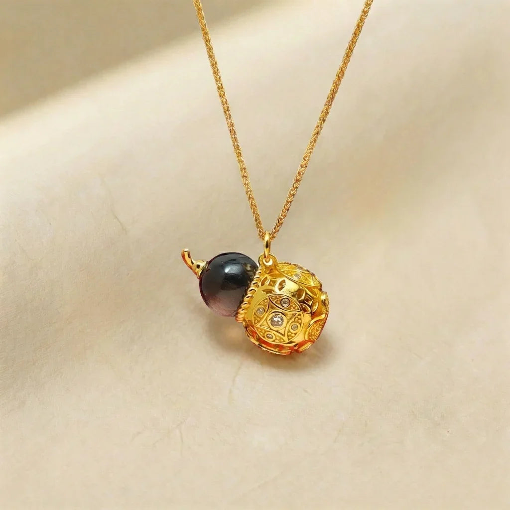 Celestial Harmony Series - Water (Black Agate Gourd) | Prosperity & Luck Golden Cicada Energy Pendant Necklace - TRIYUN