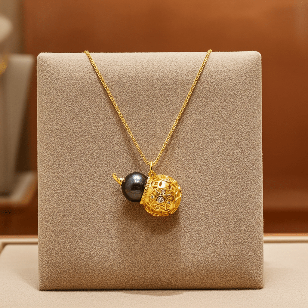 Celestial Harmony Series - Water (Black Agate Gourd) | Prosperity & Luck Golden Cicada Energy Pendant Necklace - TRIYUN
