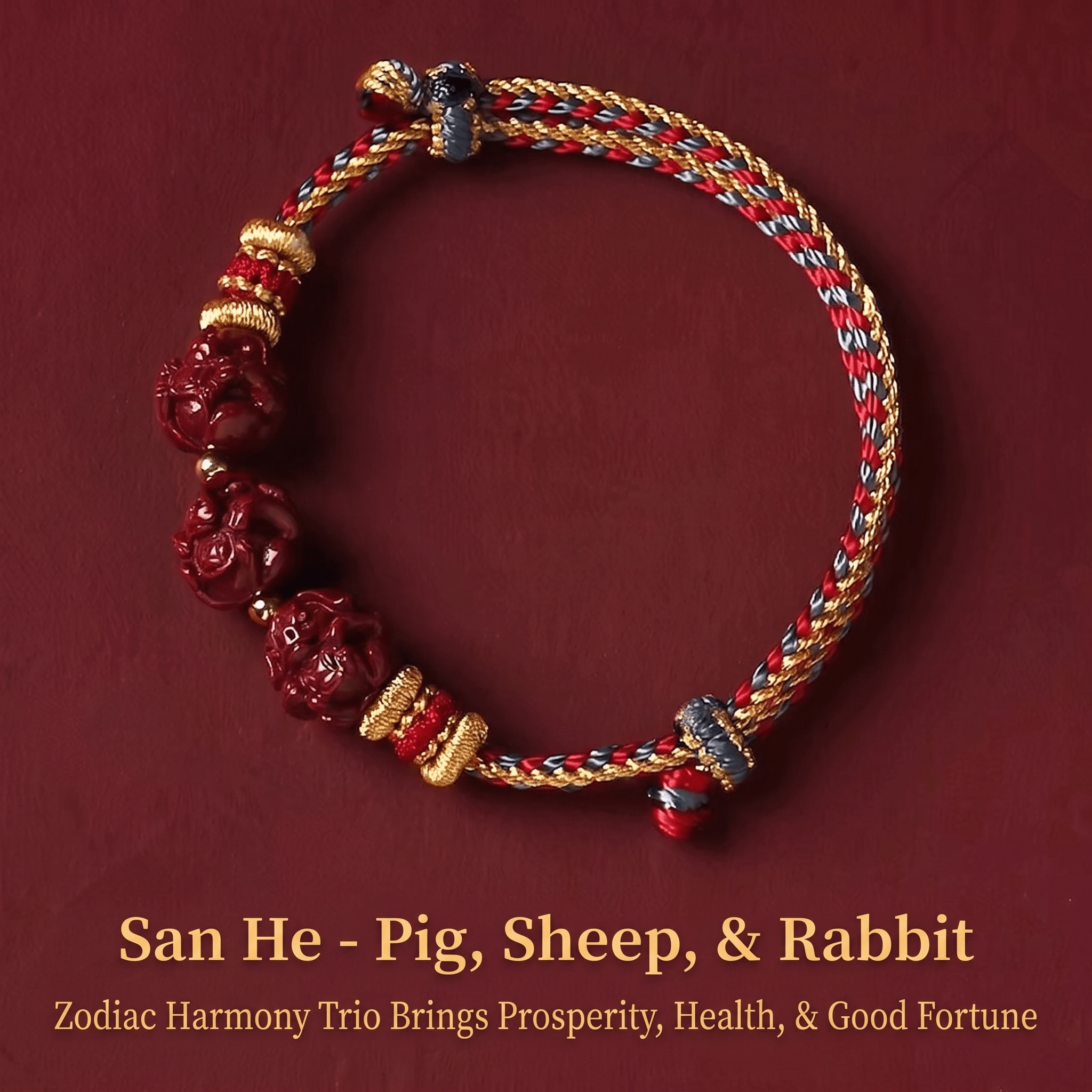Cinnabar Triple Harmony Zodiac Bracelet | Pig, Rabbit & Goat Red String Feng Shui Bracelet - TRIYUN