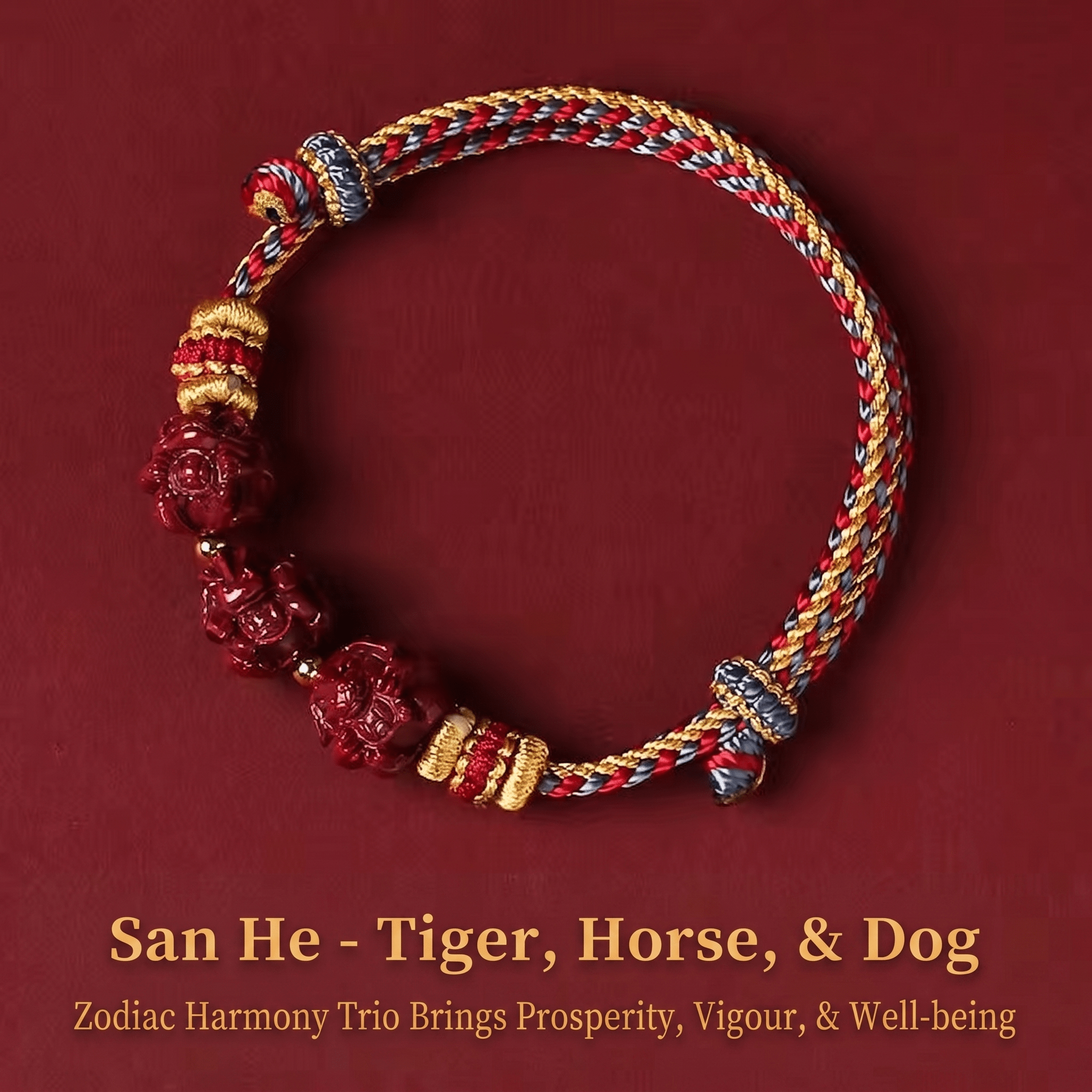 Cinnabar Triple Harmony Zodiac Bracelet | Tiger, Horse & Dog Red String Feng Shui Bracelet - TRIYUN