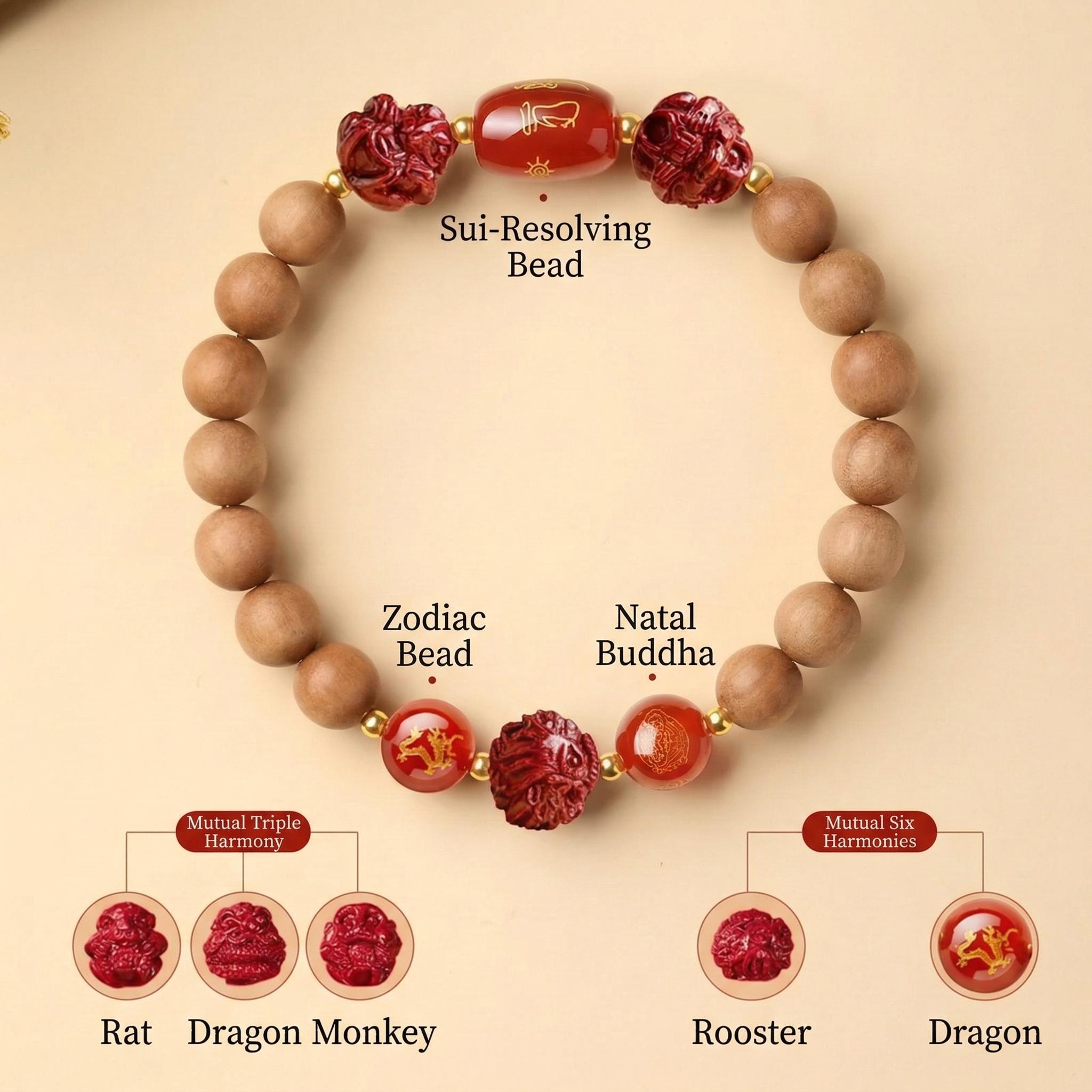 TRIYUN Natural Peach Wood & Cinnabar Bracelet - 【Dragon】 Sanhe & Liuhe Protection Talisma