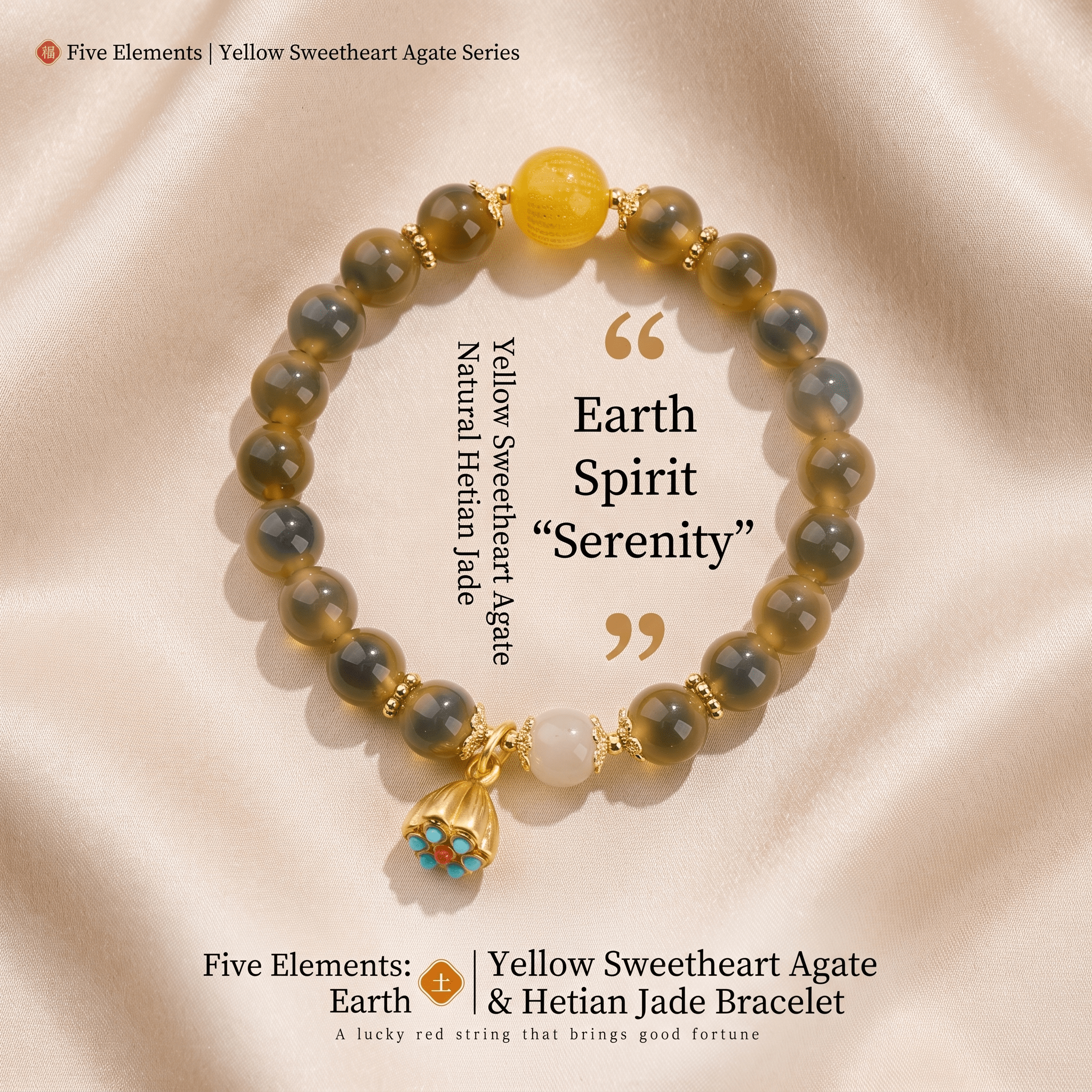 Earth Element Yellow Sweetheart Agate & Hetian Jade Bracelet | Yellow Agate Heart Sutra Feng Shui Wealth Beads | TRIYUN - TRIYUN