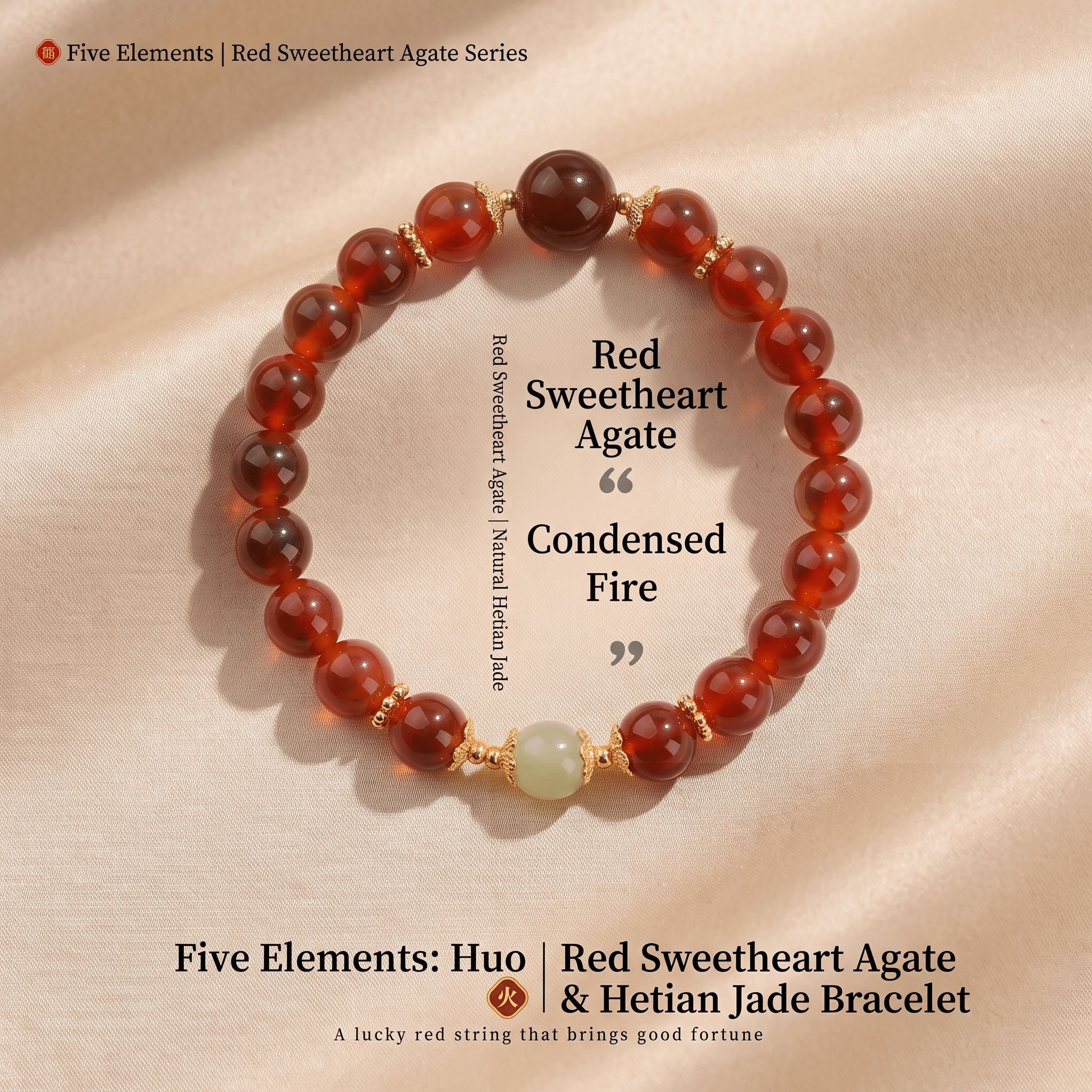 Fire Element Red Sweetheart Agate & Hetian Jade Bracelet | Red Agate Heart Sutra Feng Shui Wealth Beads | TRIYUN - TRIYUN