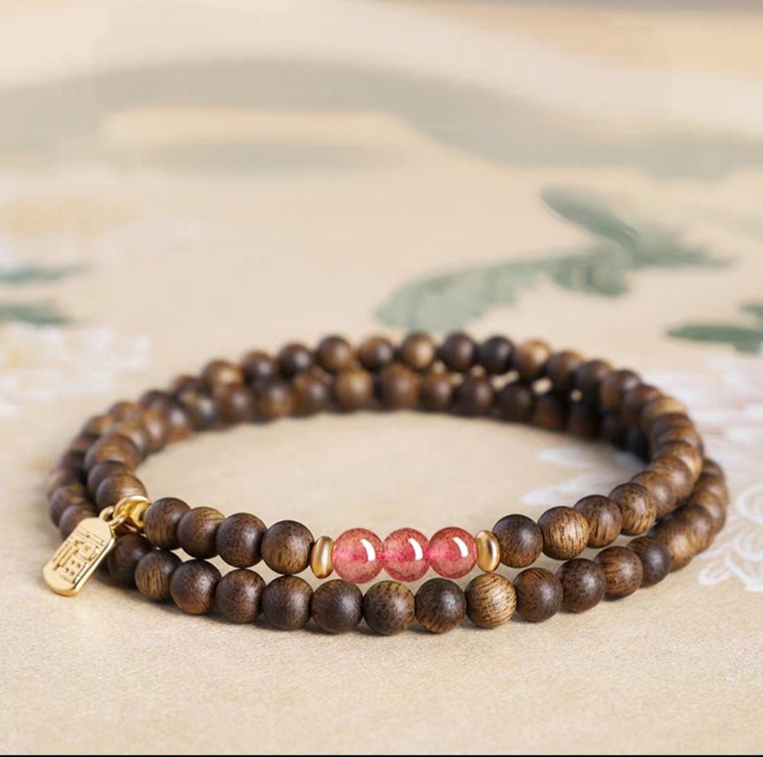 Fire Element Rose Quartz & Agarwood Double Wrap Bracelet | Triyun - TRIYUN