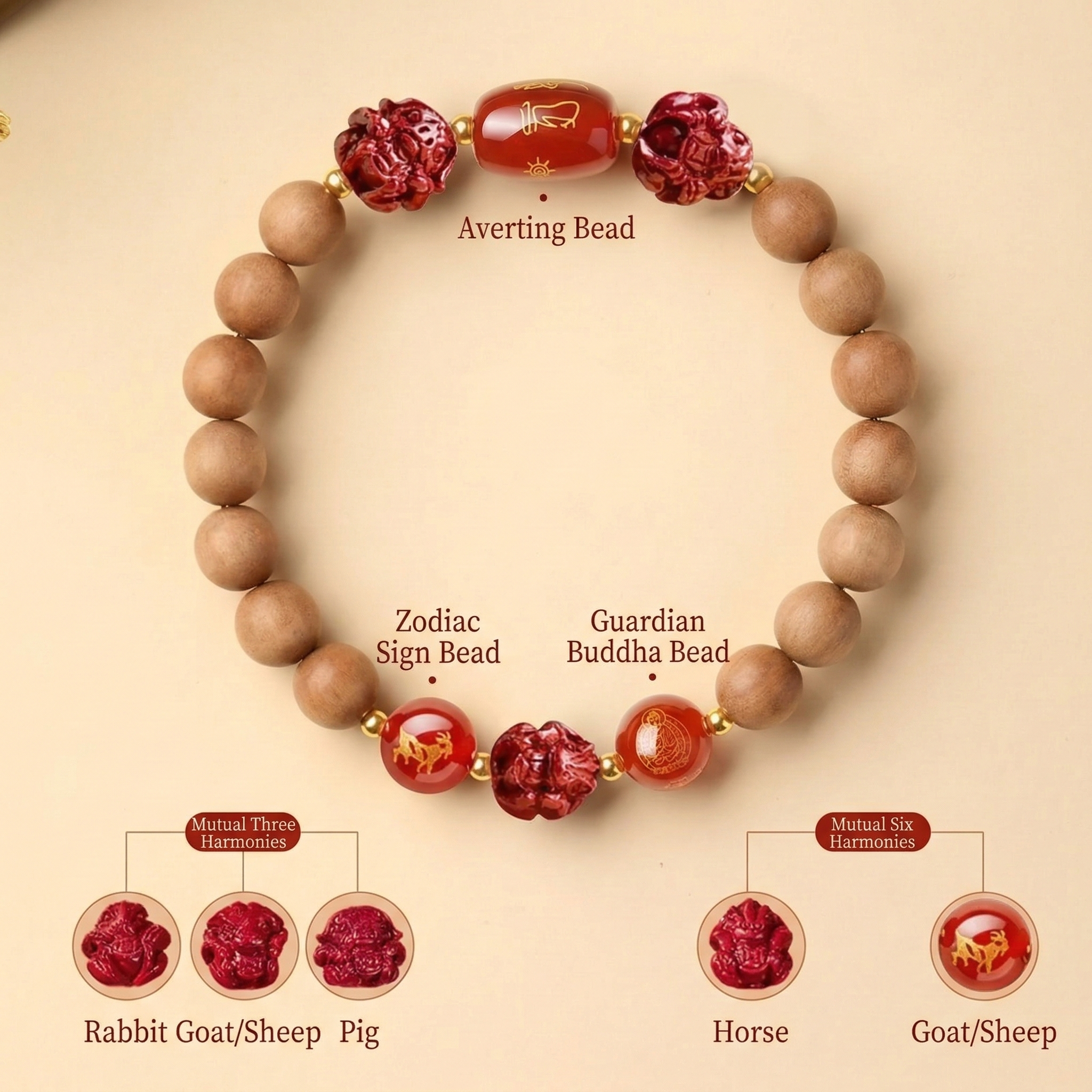 TRIYUN Natural Peach Wood & Cinnabar Bracelet - 【Sheep】 Sanhe & Liuhe Protection Talisma