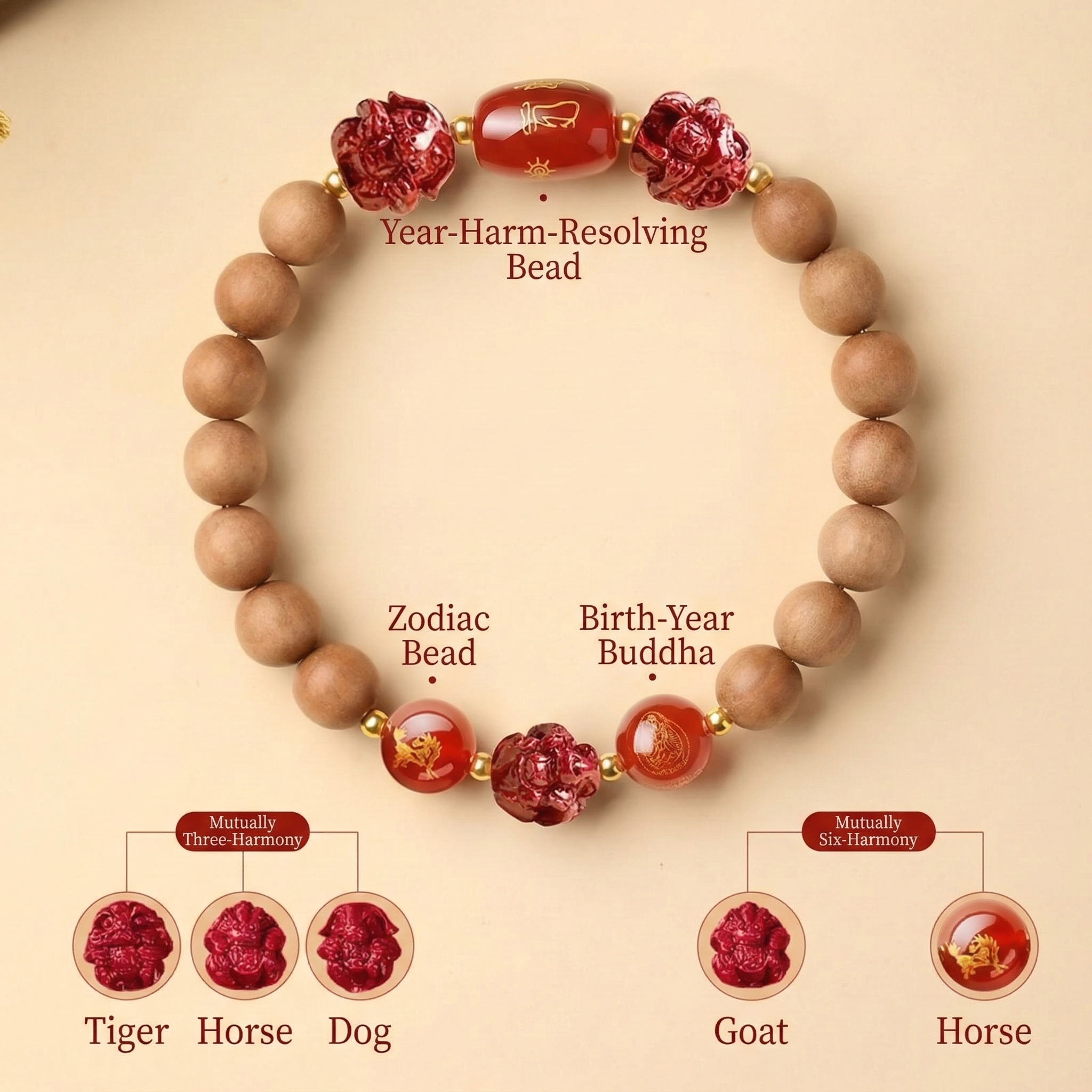 TRIYUN Natural Peach Wood & Cinnabar Bracelet - 【Horse】 Sanhe & Liuhe Protection Talisma