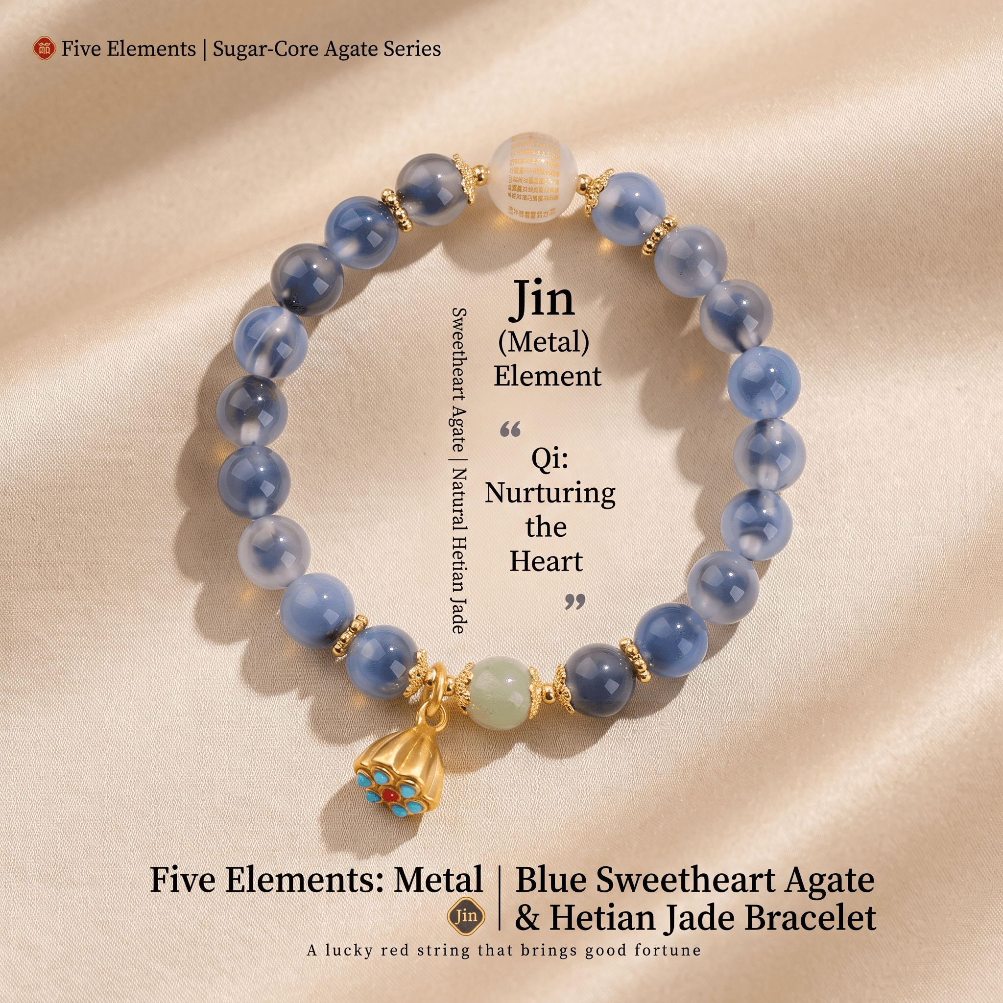 Metal Element Blue Sweetheart Agate & Hetian Jade Bracelet | White Agate Heart Sutra Feng Shui Wealth Beads | TRIYUN - TRIYUN