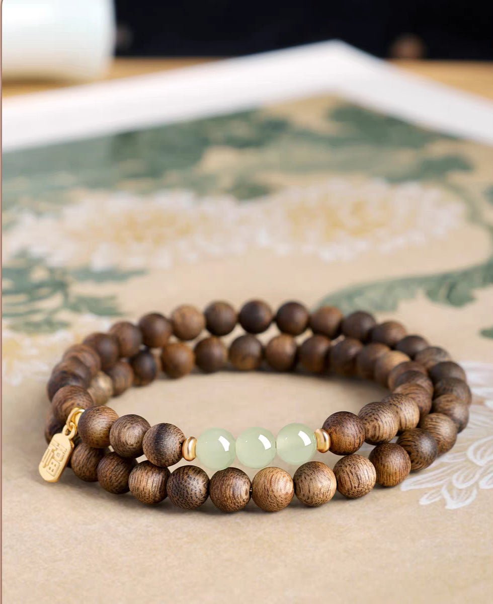 Metal Element Hetian Jade & Agarwood Double Wrap Bracelet | Triyun - TRIYUN
