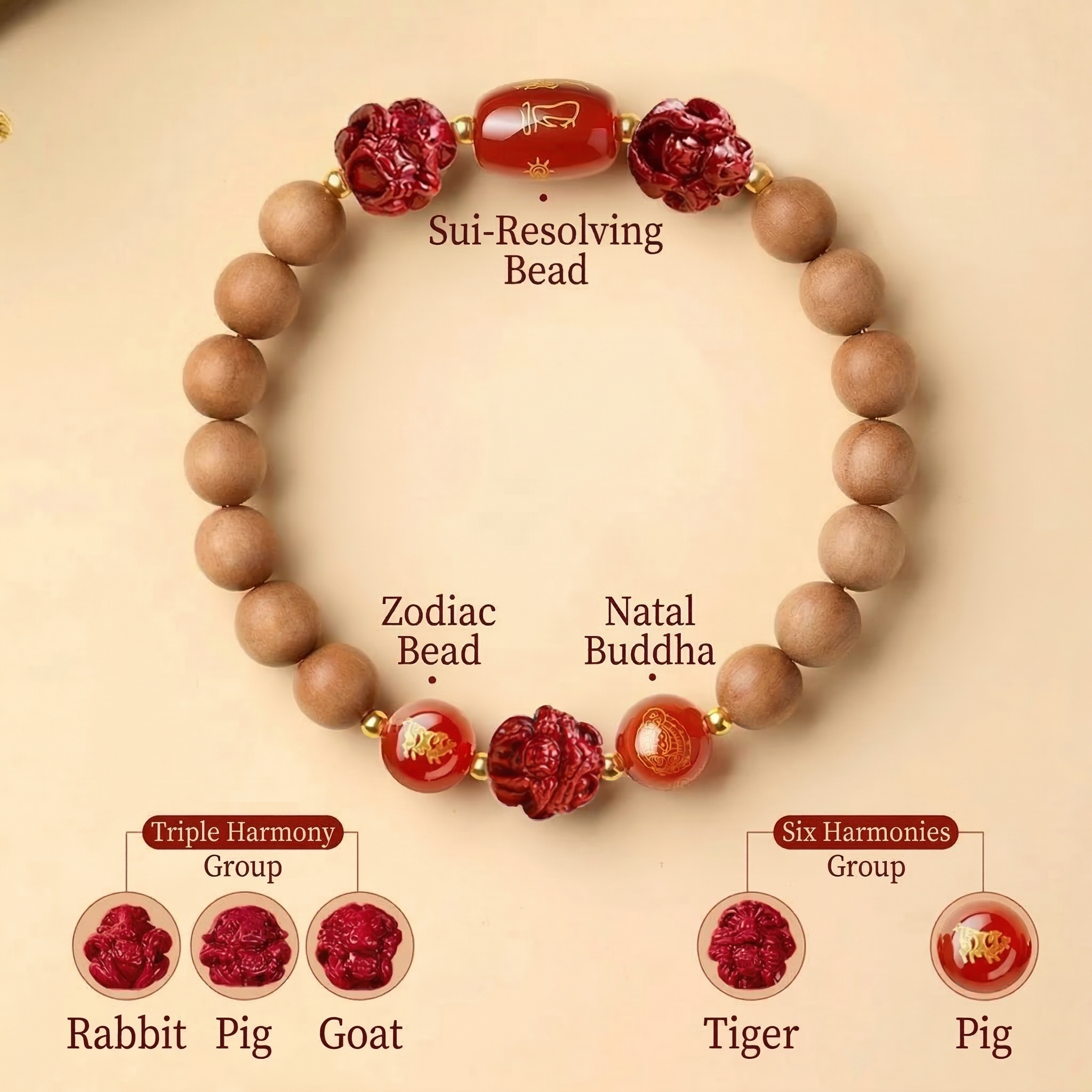 TRIYUN Natural Peach Wood & Cinnabar Bracelet - 【Pig】 Sanhe & Liuhe Protection Talisma