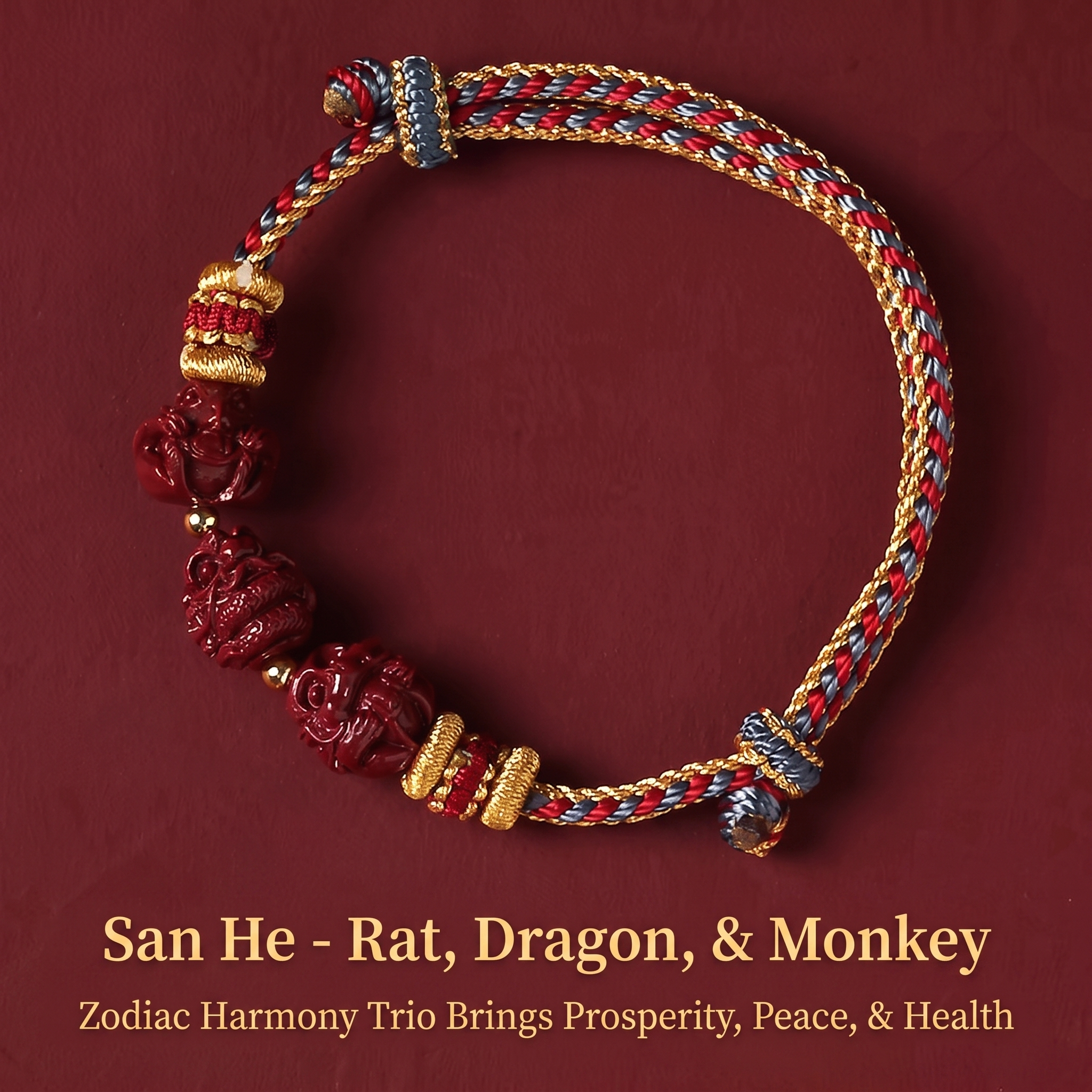 Cinnabar Triple Harmony Zodiac Bracelet | Rat, Dragon & Monkey Red String Feng Shui Bracelet
