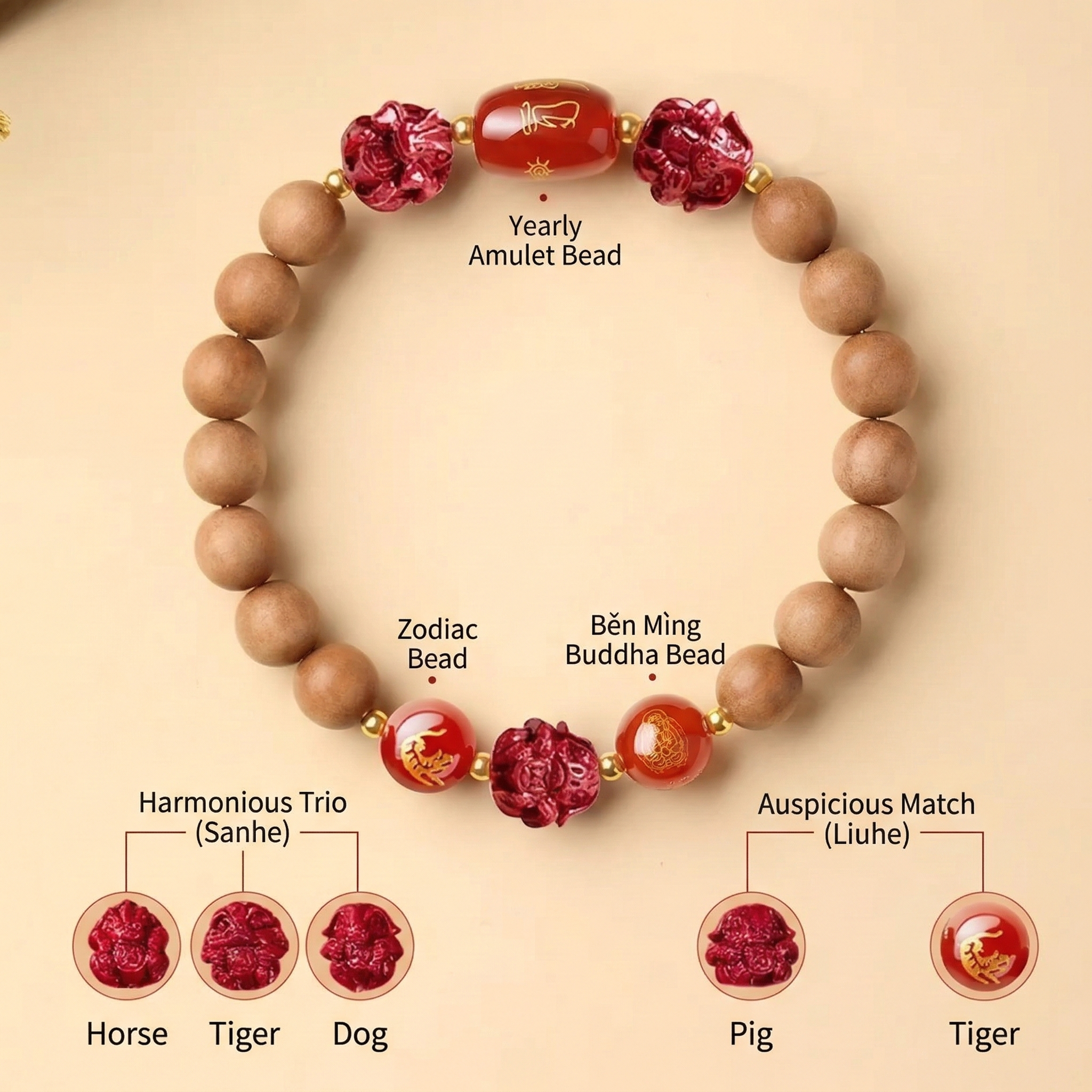 TRIYUN Natural Peach Wood & Cinnabar Bracelet - 【Tiger】 Sanhe & Liuhe Protection Talisma