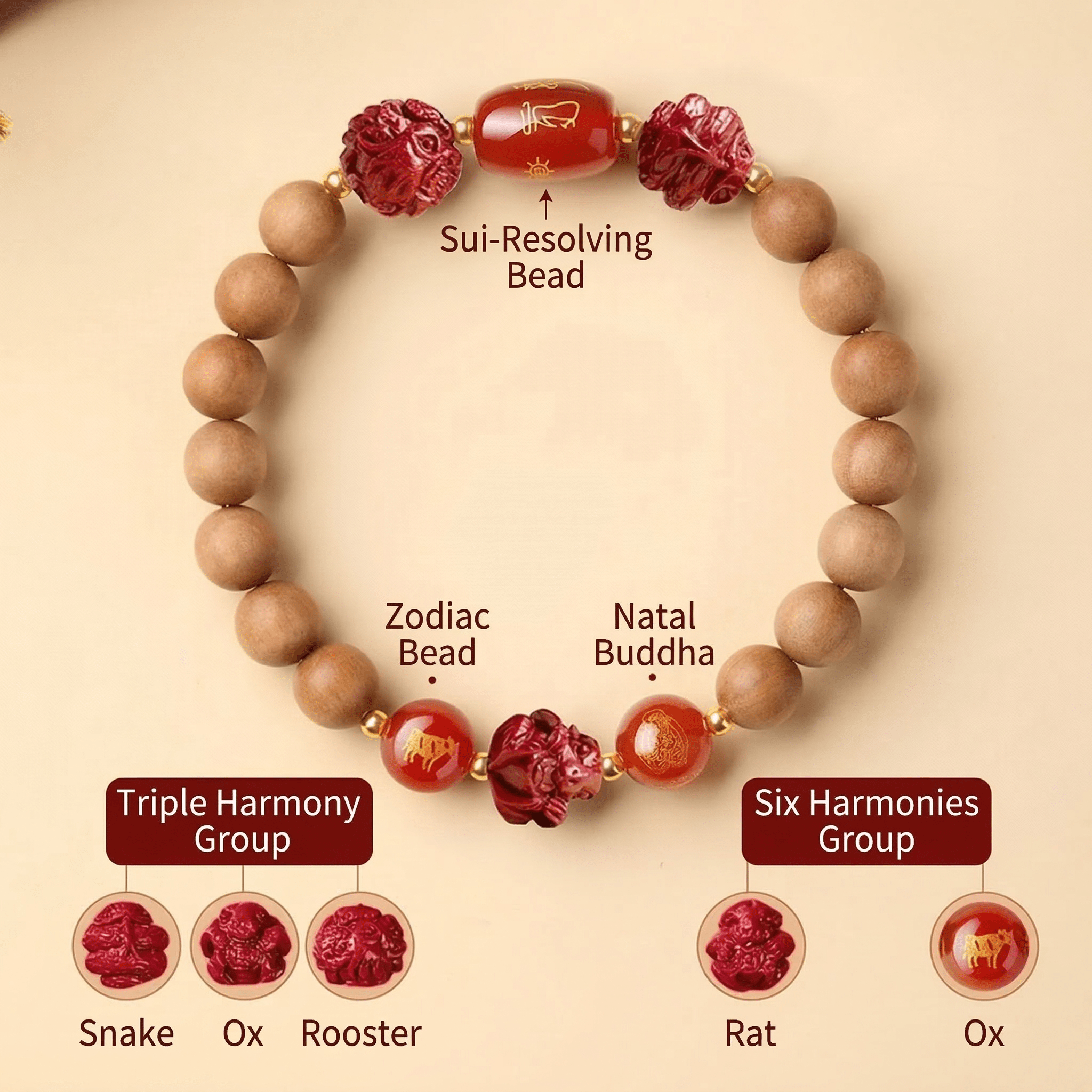 TRIYUN Natural Peach Wood & Cinnabar Bracelet - 【Ox】 Sanhe & Liuhe Protection Talisma - TRIYUN
