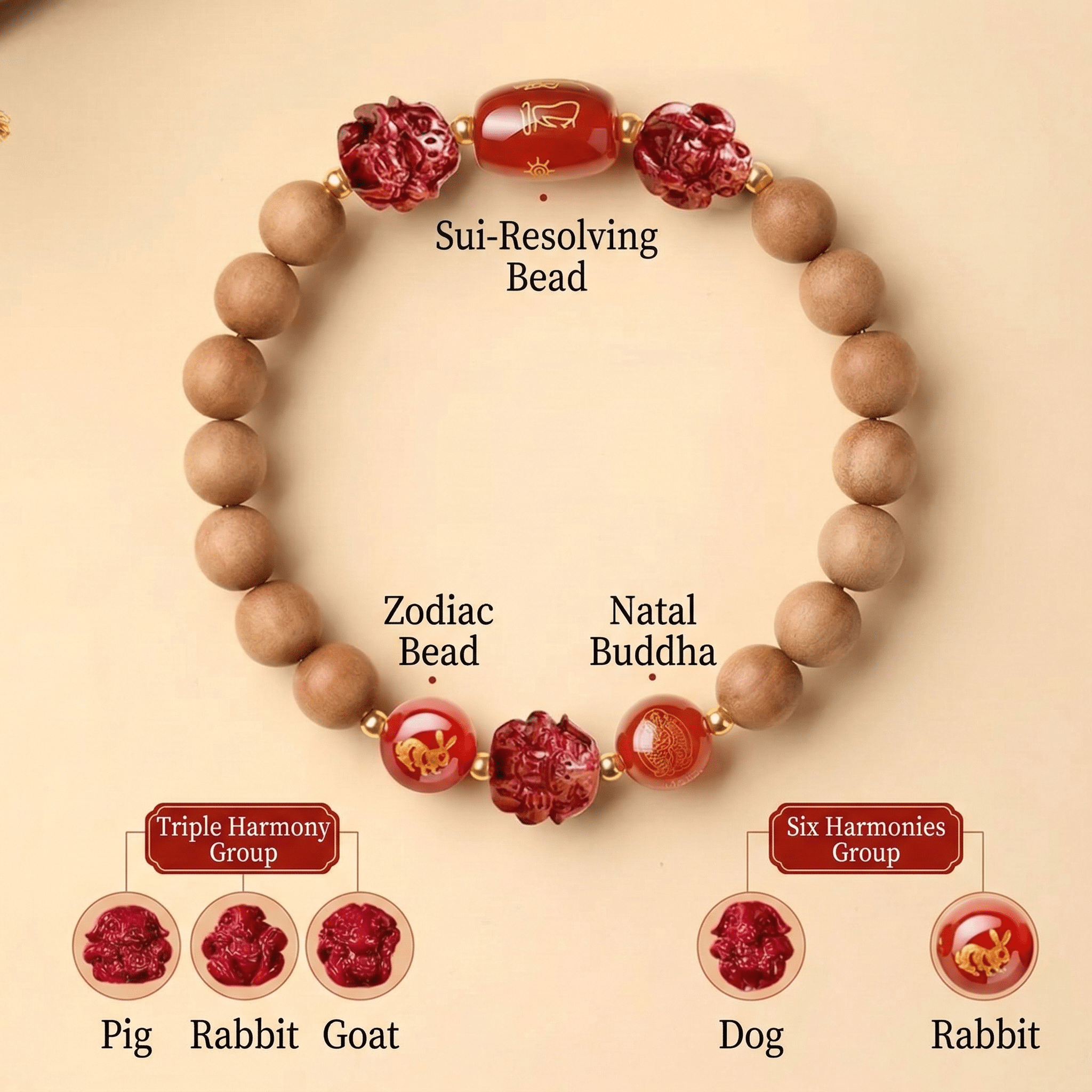 TRIYUN Natural Peach Wood & Cinnabar Bracelet - 【Rabbit】 Sanhe & Liuhe Protection Talisma - TRIYUN
