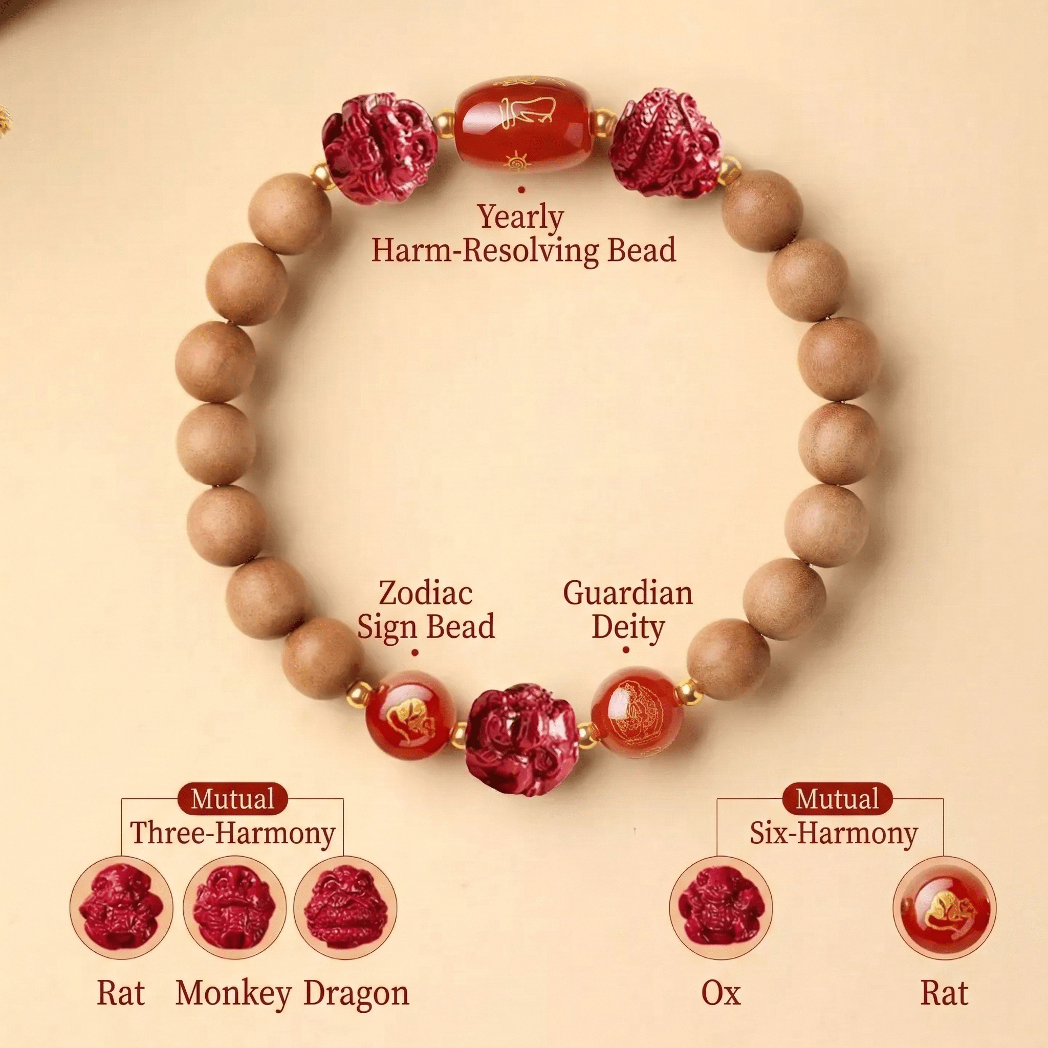 TRIYUN Natural Peach Wood & Cinnabar Bracelet - 【Rat】 Sanhe & Liuhe Protection Talisma - TRIYUN