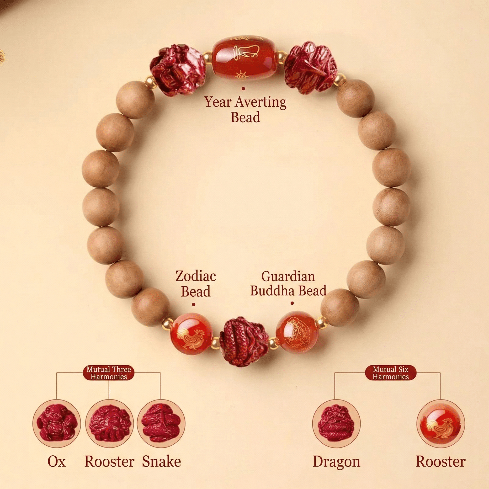 TRIYUN Natural Peach Wood & Cinnabar Bracelet - 【Rooster】 Sanhe & Liuhe Protection Talisma - TRIYUN