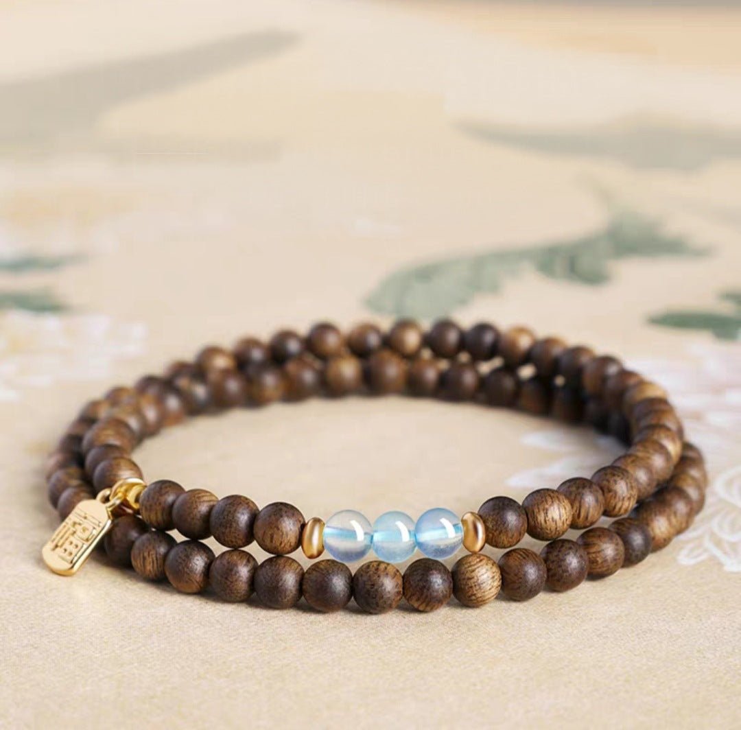 Water Element Aquamarine & Agarwood Double Wrap Bracelet | Triyun - TRIYUN