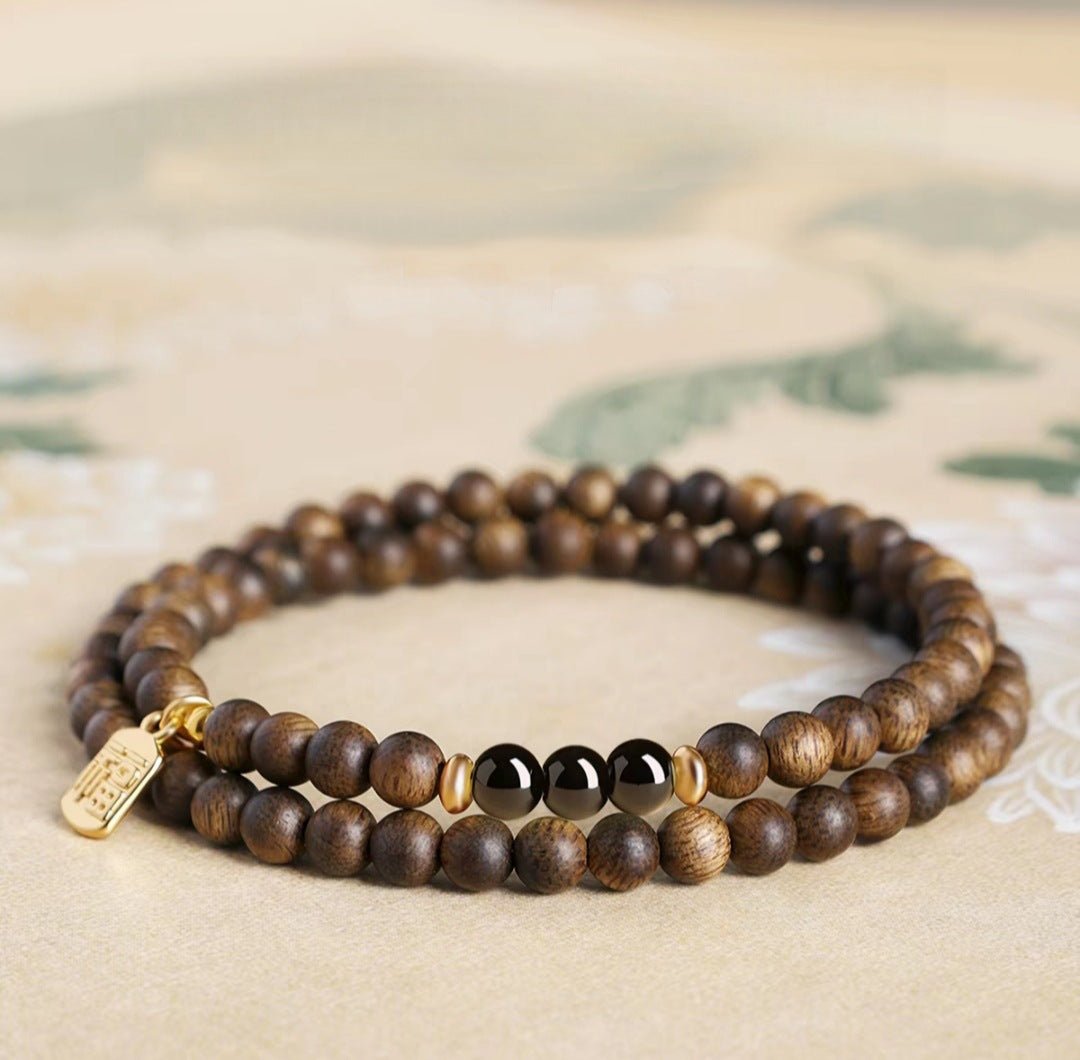 Water Element Obsidian & Agarwood Double Wrap Bracelet | Triyun - TRIYUN